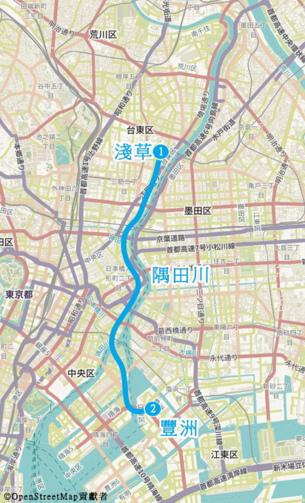 路線3 沿著著名隅田川 感受暮色低垂河畔風情路線 路線示意圖。(圖片來源:ⒸTCVB)