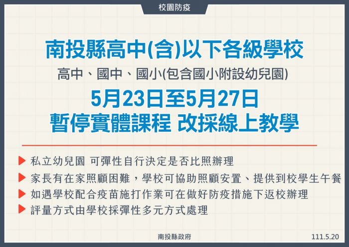 南投縣高中以下各級學校自5/23起 暫停實體課程改採線上教學一週