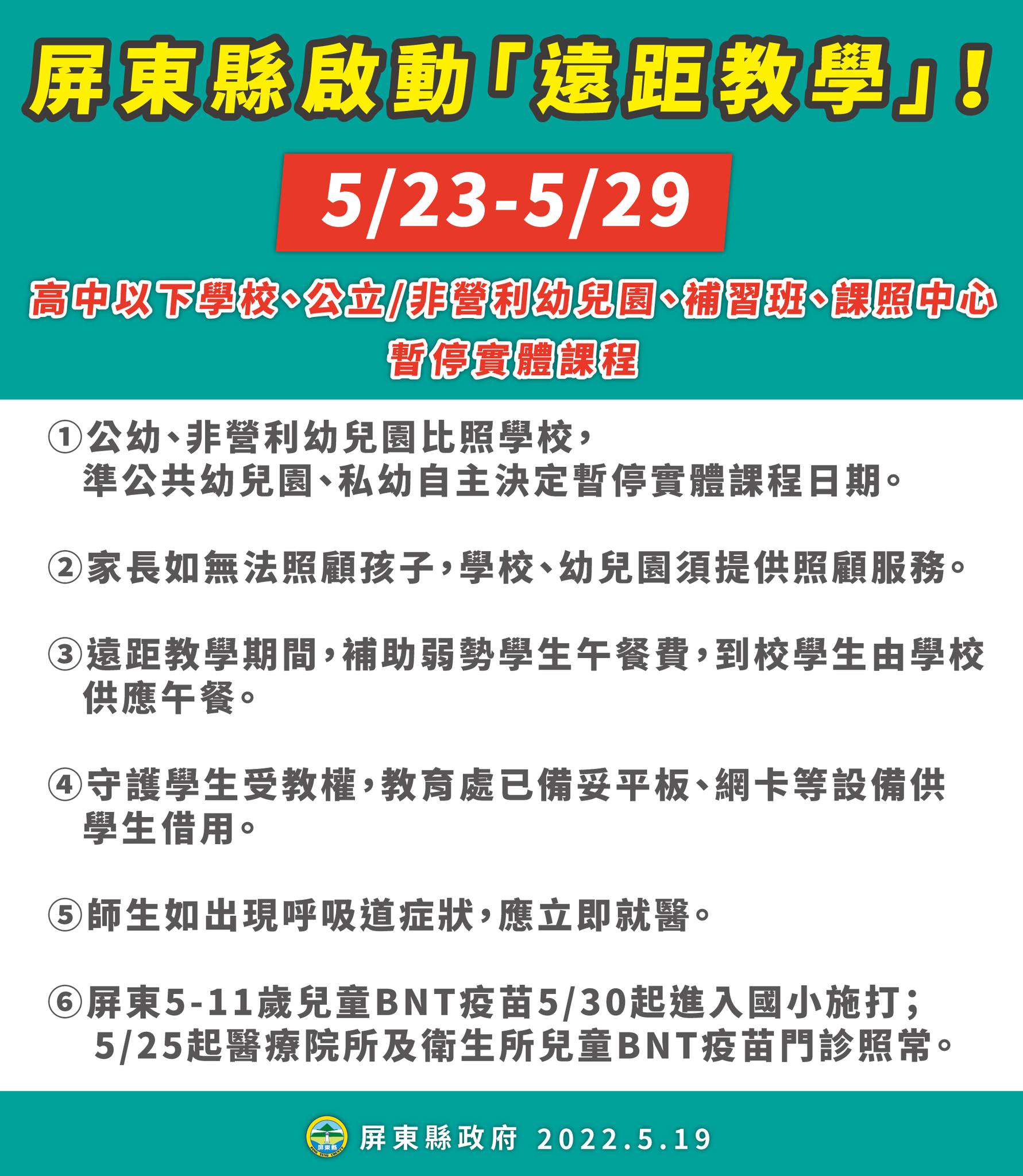 因應疫情高峰期 屏縣高中以下學校下週停課一週