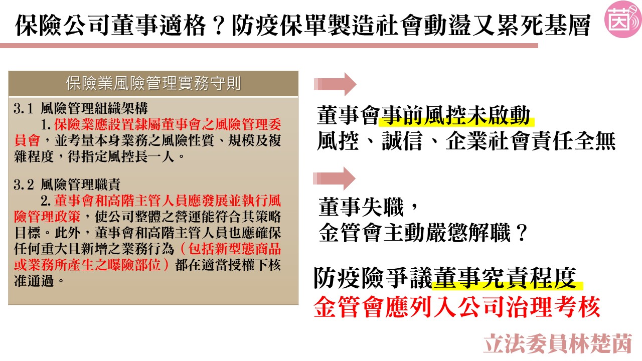 防疫保單之亂累垮基層又惹民怨 林楚茵:要求金管會從嚴究責公司董事 48 林楚茵立委 3