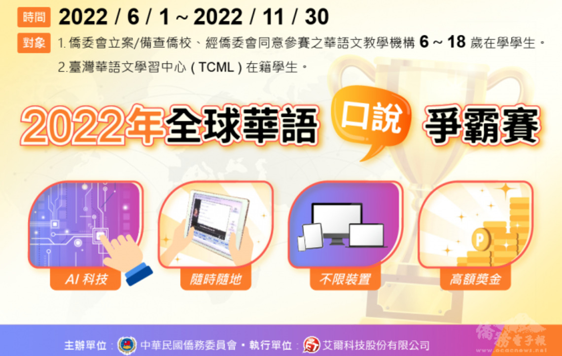 「2022年僑務委員會全球華語口說爭霸賽」開始報名