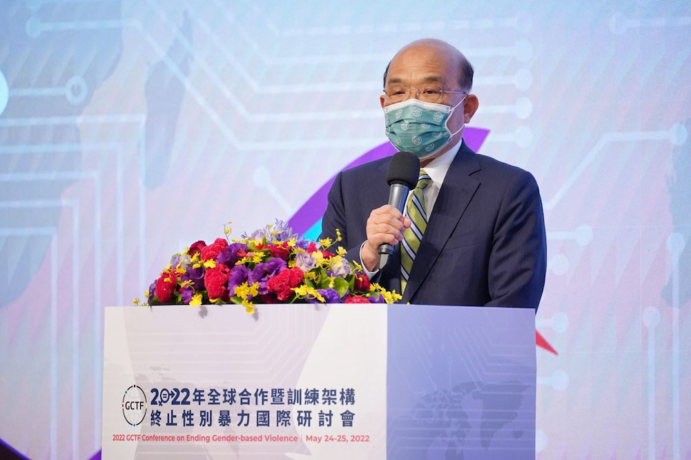 美日英澳駐台使節同場 與蘇貞昌疾呼終止性別暴力 46 行政院院長蘇貞昌於全球合作暨訓練架構(GCTF)「終止性別暴力」國際研討會開幕典禮致詞。