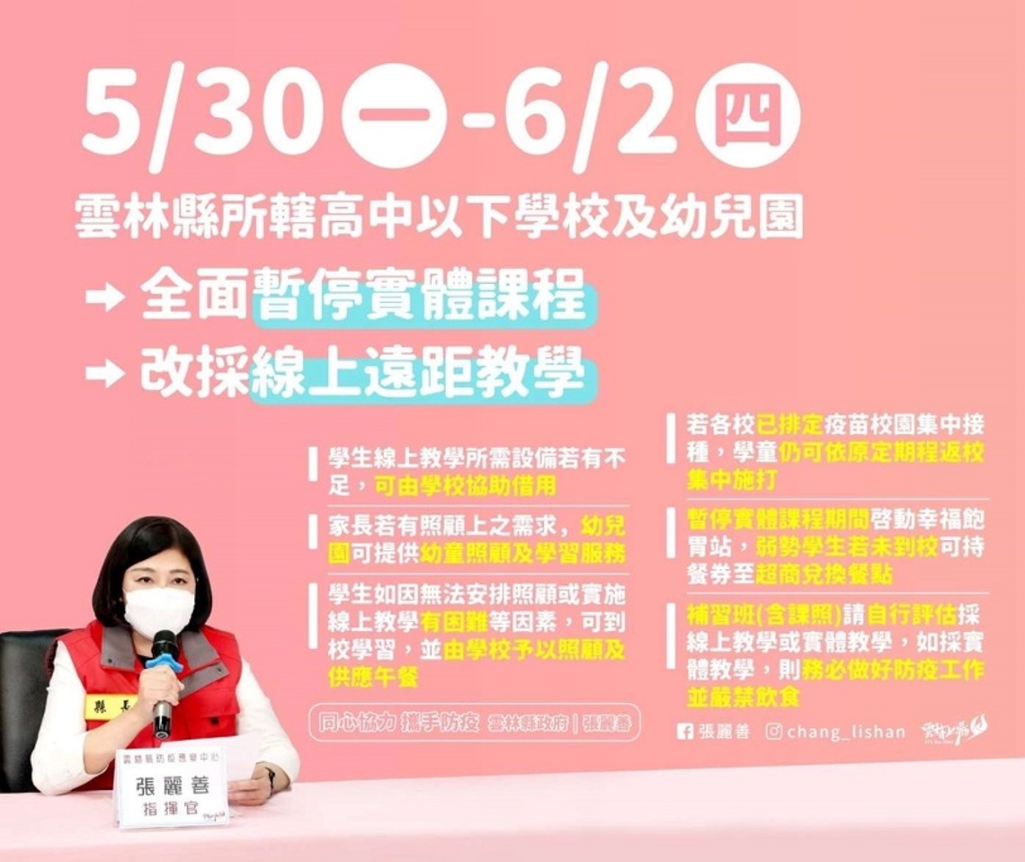 雲林縣高中以下學校及幼兒園遠距教學至6/2