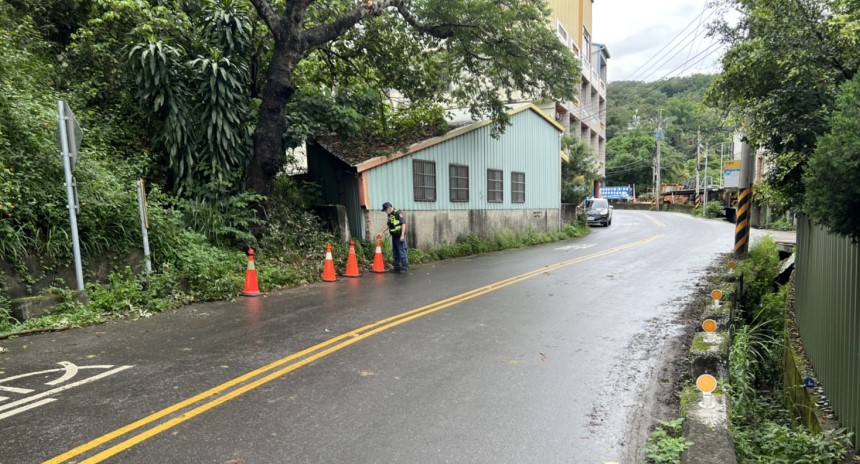 ▲員警通報市府建設局派遣人員及機具將倒塌路樹鋸斷移除,於9時20分恢復雙向通車 (圖/台中豐原分局 提供)