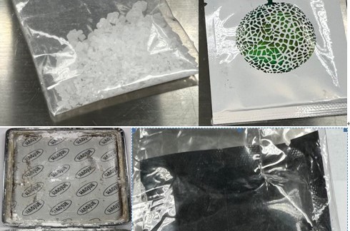 ▲台中刑大查獲販毒情侶檔，於犯嫌住處起獲海洛因、安非他命、毒咖啡包、手槍子彈、彈匣…等證物 (圖/台中市警察局 提供)