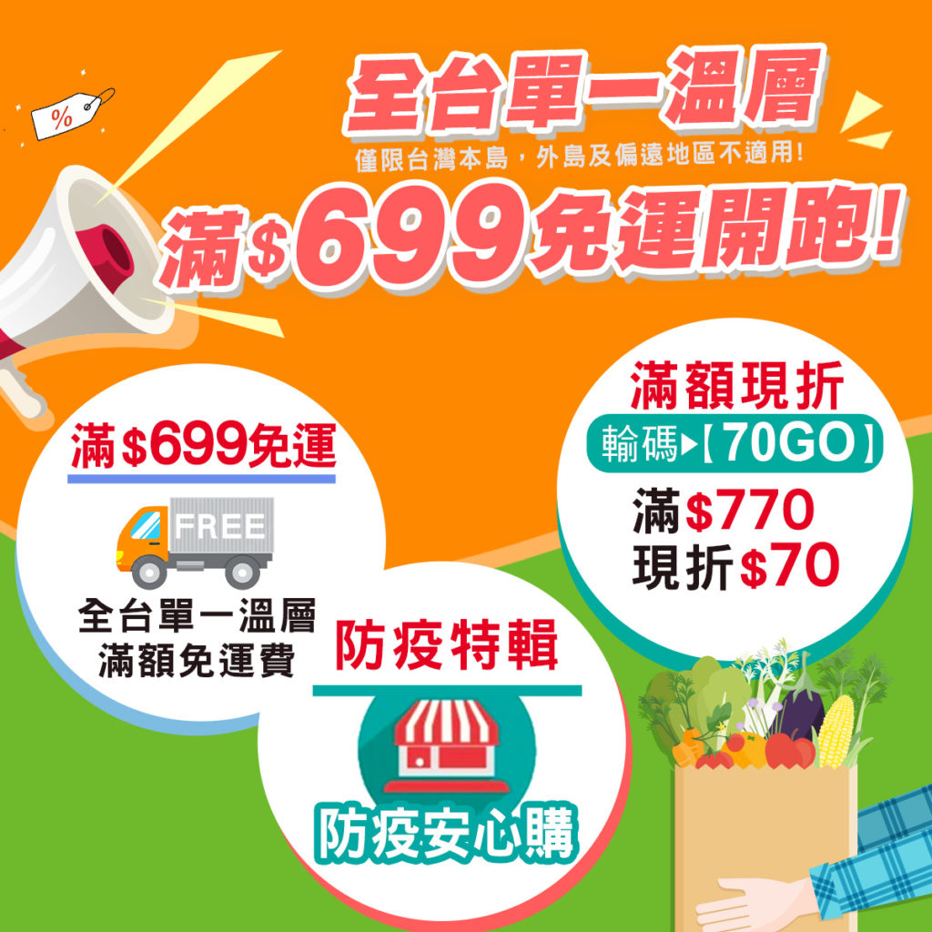 熊媽媽買菜網設置「防疫專區」,推出「防疫箱」、「蔬菜箱」超殺優惠價,即日起開賣,雙北滿499免運最快3小時到貨,全台單一溫層699元免運宅配送到家。