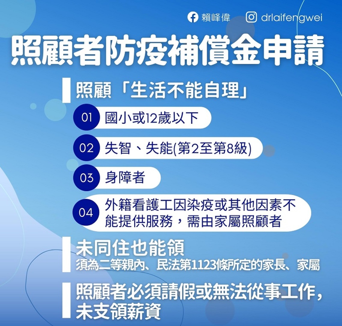 澎縣府提醒符合資格的照顧者可申請每日1千元防疫補償金