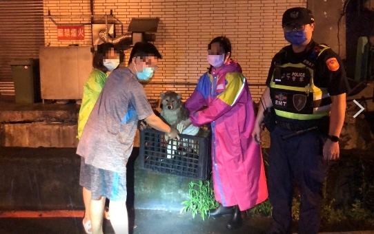 圖片說明:大里分駐所員警陳子健救護生命,不怕湍流水深濕身救援愛犬遠離危害。(記者江雁武翻攝)