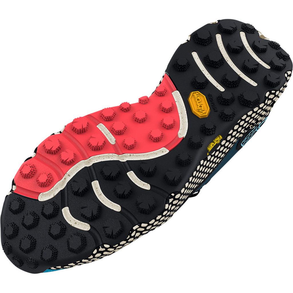 「UA HOVR RIDGE TRAIL跑鞋」結合義大利著名橡膠品牌Vibram的Megagrip橡膠大底。