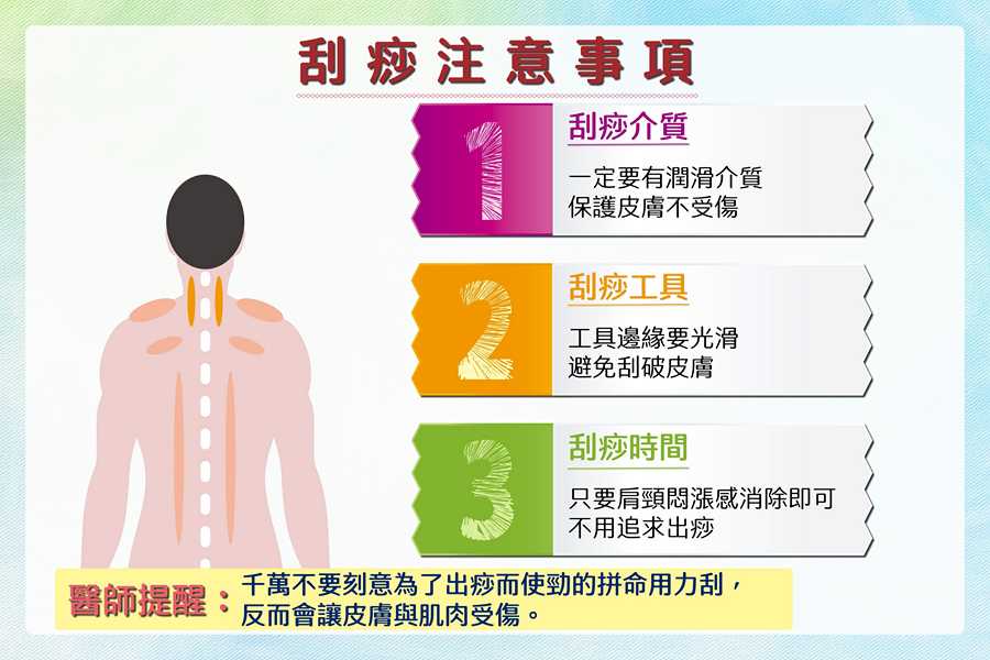 刮痧千萬不要為了出痧而用力刮,肩頸悶漲感消除就可以停止。