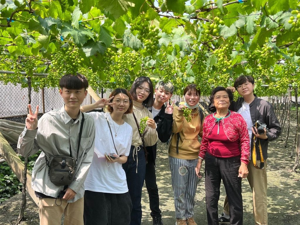 在社區設計的課程中,同學們採訪了大村當地厲害的葡萄種植農民「吉仔阿嬤」,描述她多年種植葡萄的心路歷程。(圖/朝陽科大工設系提供)