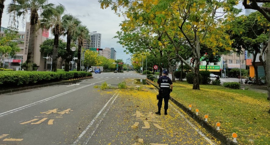 ▲中市三分局立德所員警於巡邏時發現斷裂樹枝隱藏在金黃花毯路中 (圖/台中市警察局 提供)