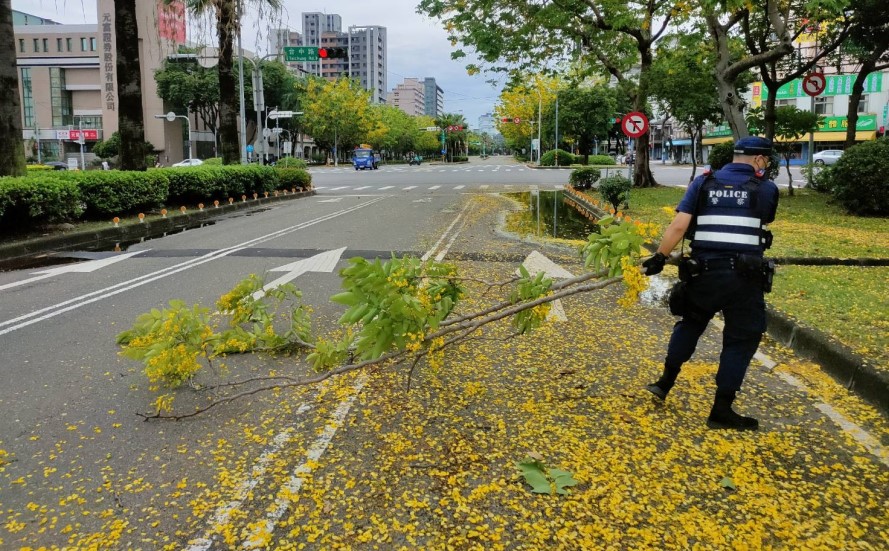 ▲員警將橫躺路中的斷枝移至安全島上 (圖/台中市警察局 提供)