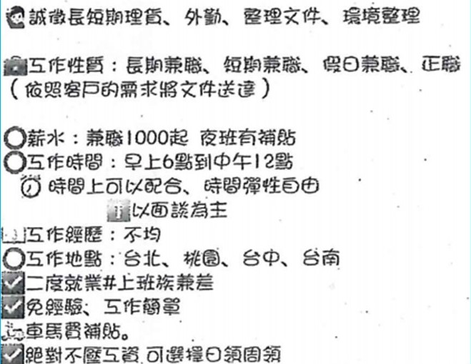 ▲打工求職看到「兼職輕鬆」、「工時彈性」字眼要小心受騙 (圖/台中市警察局 提供)