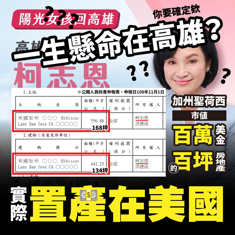 蘋果民調柯志恩高於陳其邁 網現一張攻擊柯在美國置產的圖卡 網友驚：動作這麼快