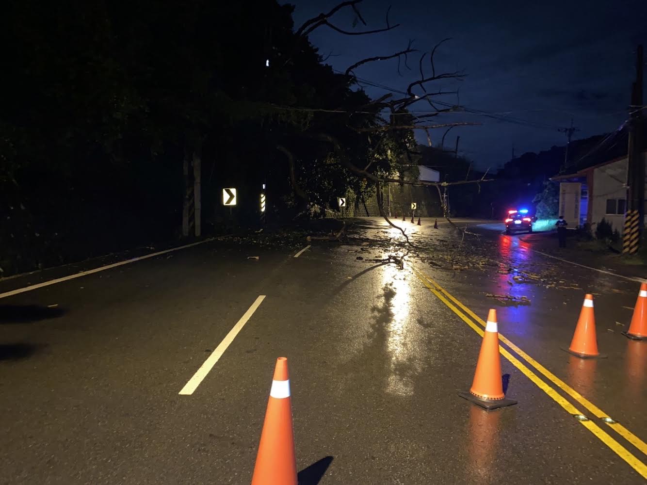▲大湖鄉義和村台三線有路樹倒塌散落車道,員警深夜冒雨管制 (圖/苗栗縣警察局 提供)