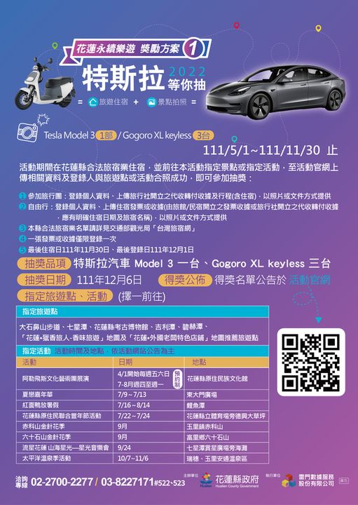 振興觀光/暢玩花蓮樂遊獎勵 電動車等你抽