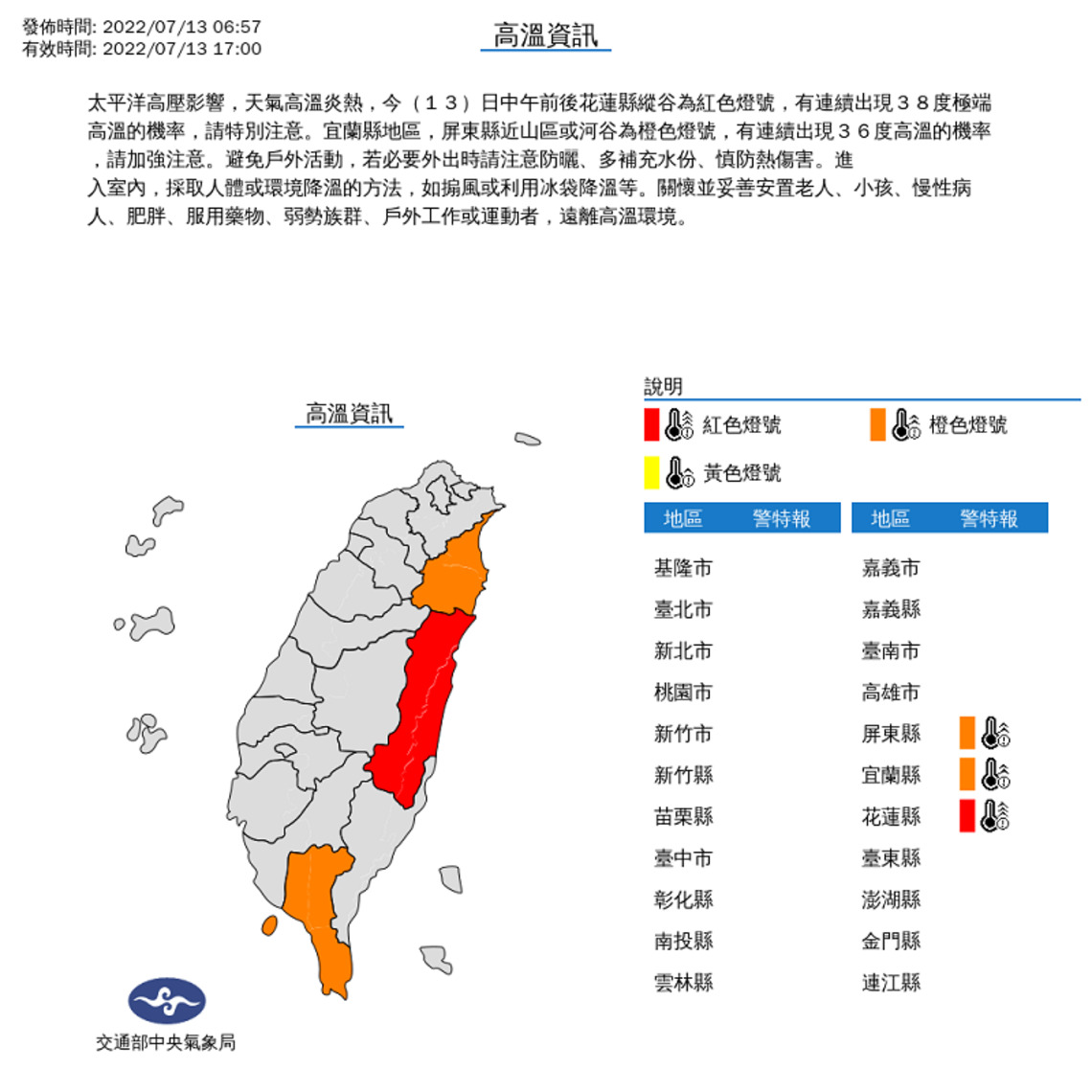 臺東及恆春半島局部雨  午後留意局部較大雨勢   各地仍高溫