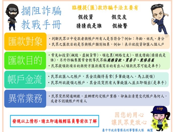 ▲中市警提供金融機構之「攔阻詐騙教戰手冊」 (圖/台中市警察局 提供)