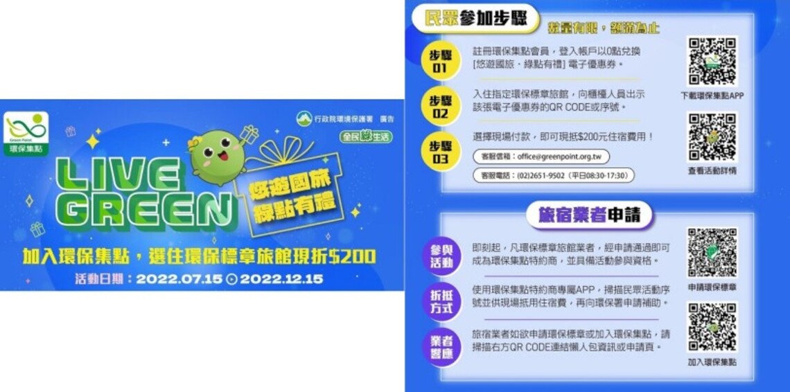 綠色旅遊選住環保標章旅館 綠點有禮加碼省荷包