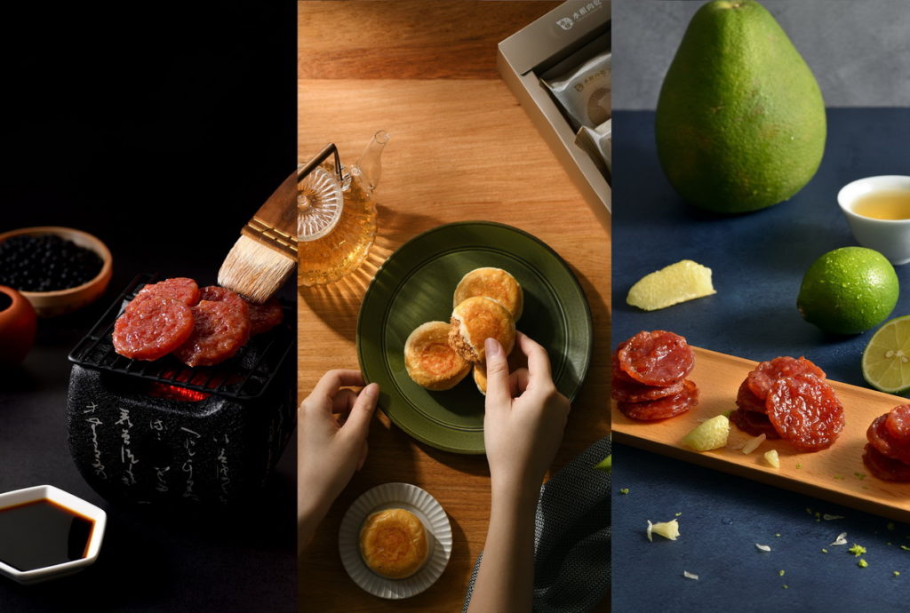 _(從左至右)水根肉乾推出秋夕福氣三入組合,內有「台味醬燒肉乾」、「千層酥鬆餅」及中秋限定的「柚香圓燒豬肉乾」。