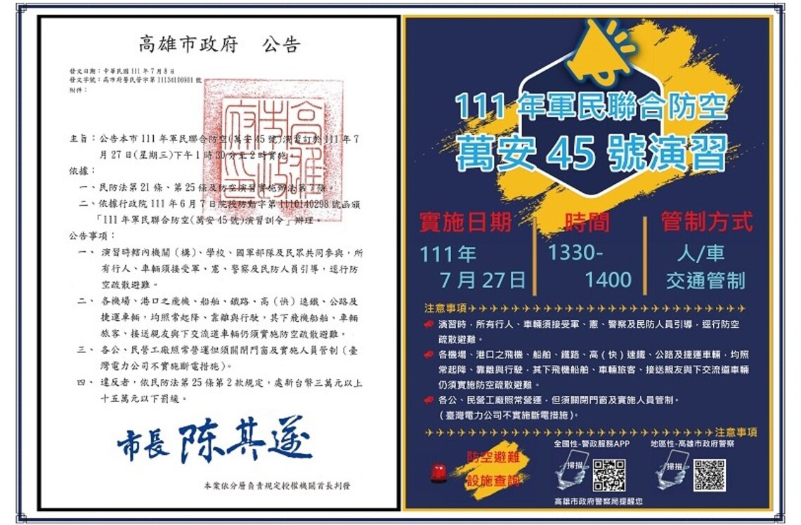 萬安45號演習南部地區將於7/27登場 實施人車、燈火管制及疏散避難