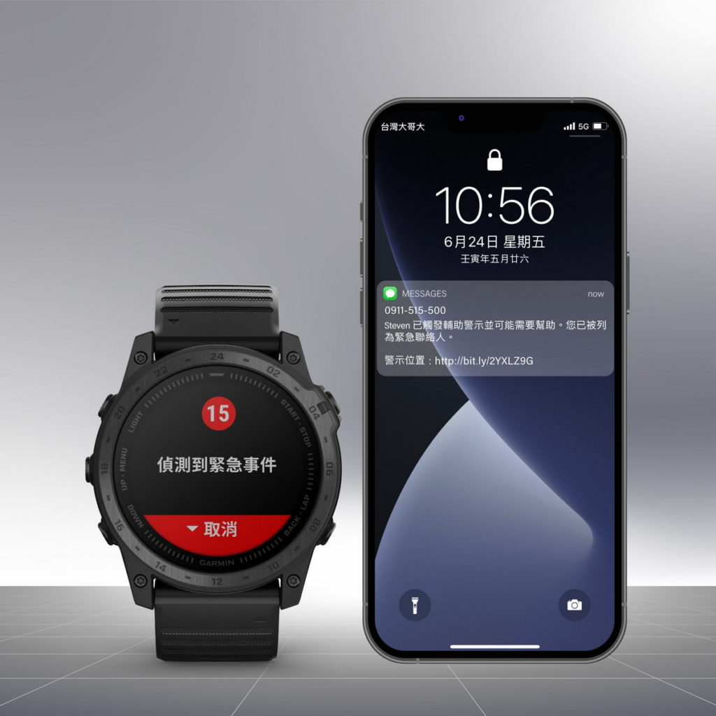 為提升戶外安全，本次亦進行事故安全偵測優化，當Garmin裝置偵測到事故發生，可即時發送求救訊息給緊急聯絡人