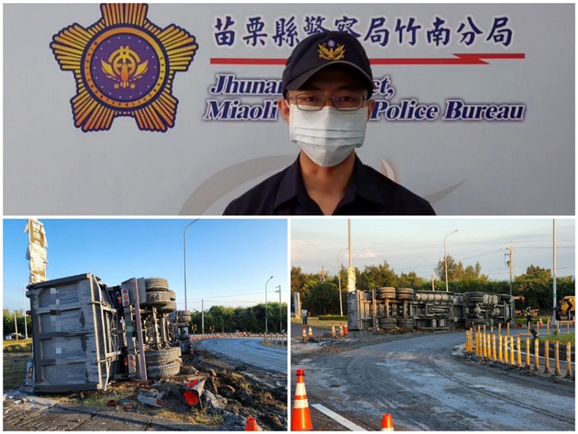 聯結車西濱龍港匝道過彎翻覆 後龍警緊急馳援排除