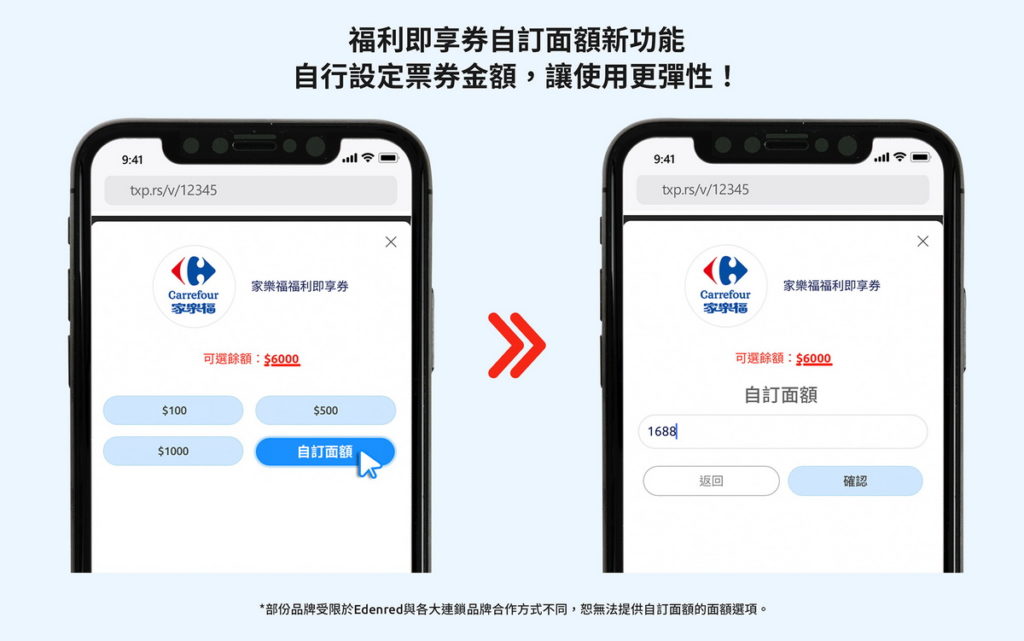 Edenred宜睿智慧首次推出電子票券自訂面額新功能,使用者可依據需求或偏好輸入任意金額取得票券,大幅提升票券彈性。