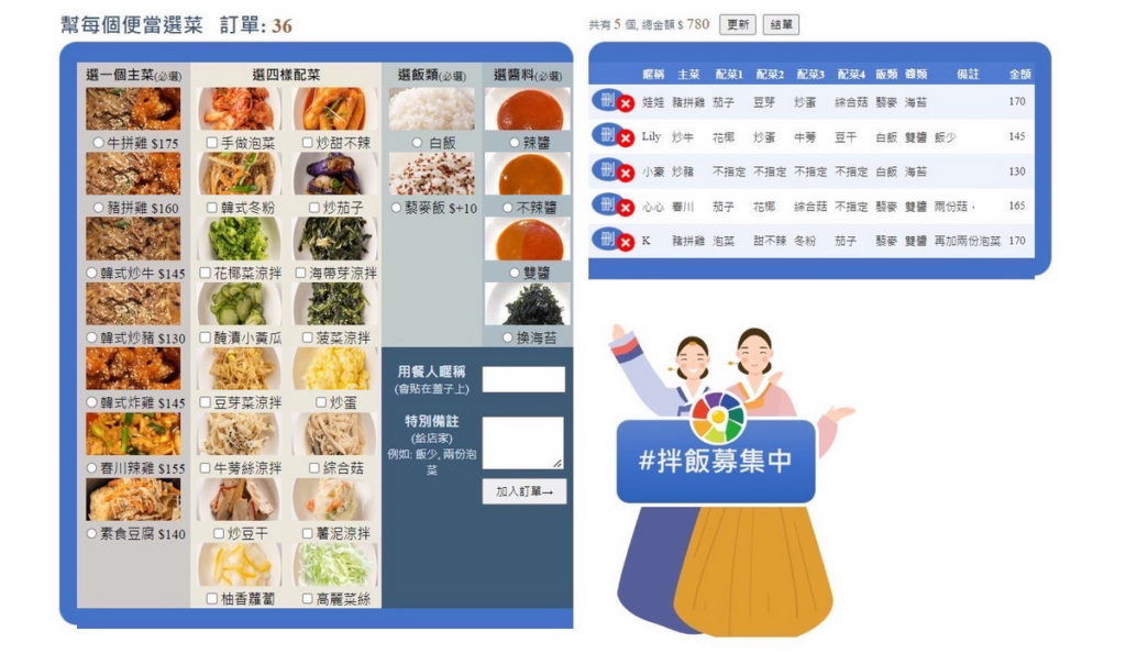 「拌飯募集中」平台提供訂餐人分散選菜及集中管理的便利性