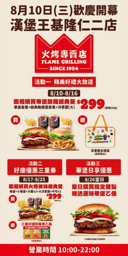 漢堡王基隆仁二店將於8月10日強勢登場開幕,祭出三大好禮活動歡迎民眾來吃爆!