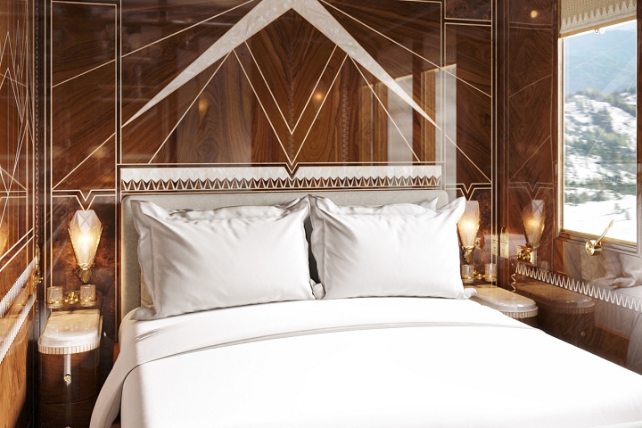 傳奇古董列車Venice Simplon-Orient-Express,將推出全新豪華客艙房型,Les Montagnes山地風格展現連綿不絕的巍峨山峰。 圖:Petrie PR HK/提供