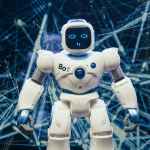white and blue robot figure
