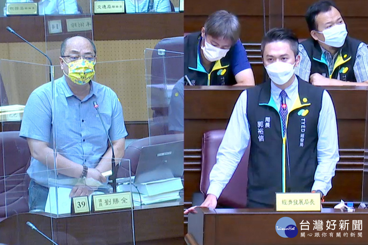 針對虎頭山創新園區營運狀態,桃園市議員劉勝全質詢市府經發局長郭裕信。