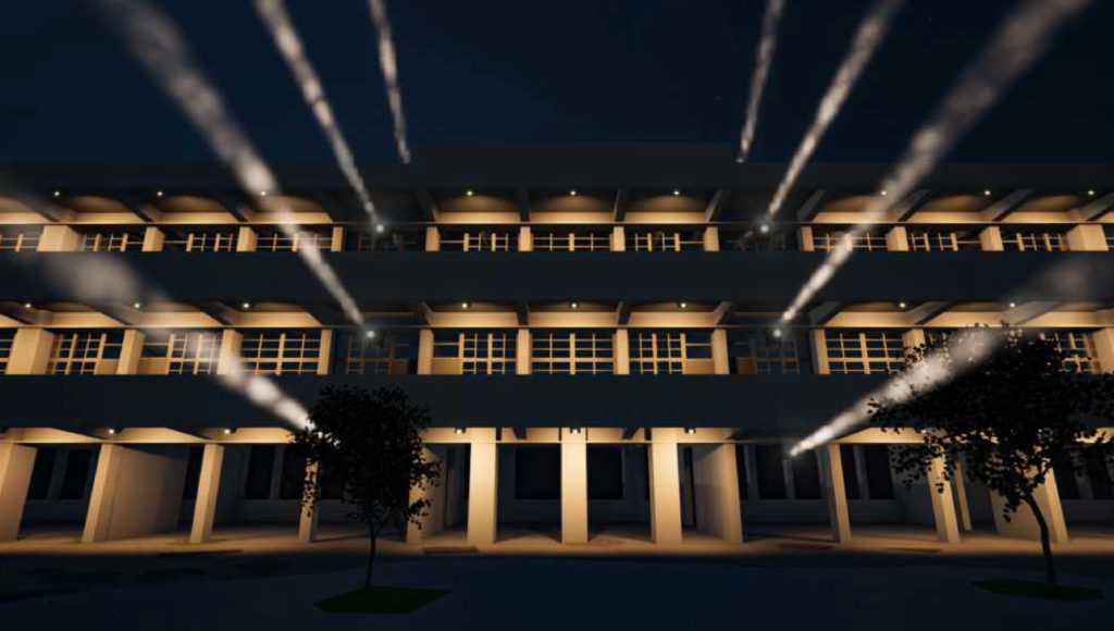 姚仲涵+曾睿彬 |光電獸#26 - 你追我跑 試著將午炮的意義與校園的時光呼應,連結眾人的兒時回憶。透過科技聲響與燈光的同步,用兩種燈具模擬出對兩者的想像,創作出在整點發生的聲光劇場,召喚現場及山下觀眾的注意,共創一個回憶年華的展演與宣告。