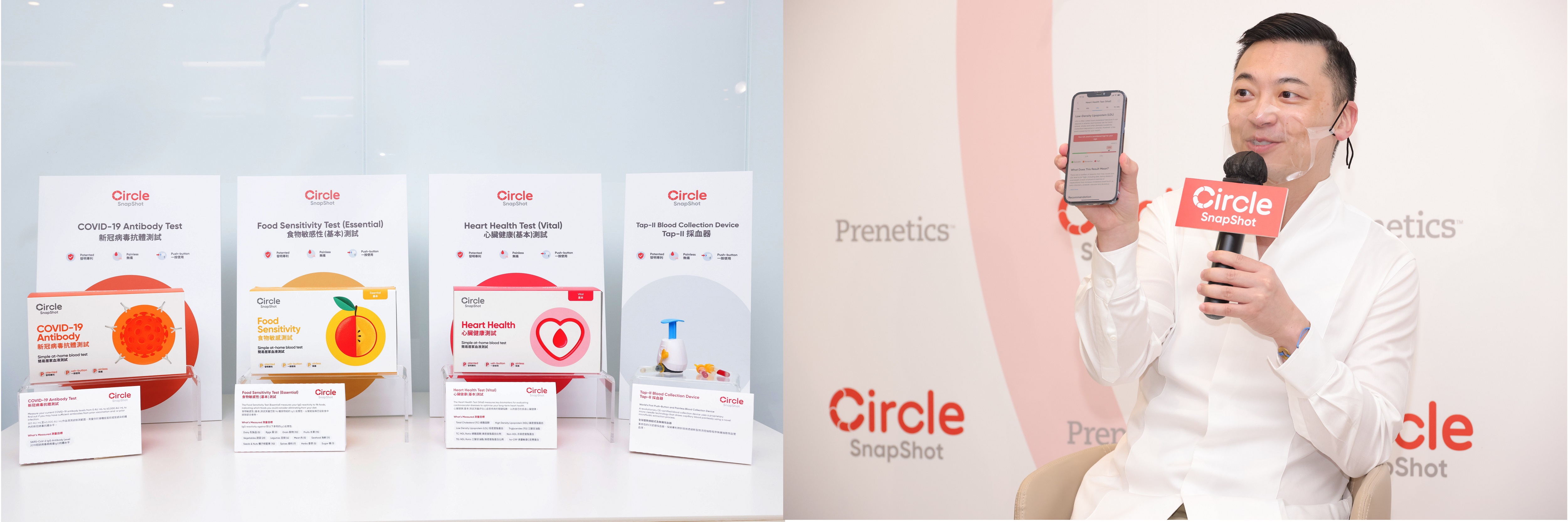 Prenetics率先推出Circle SnapShot新冠病毒抗體測試、心臟健康測試及食物敏感性測試及新冠病毒抗體測試，其專利採血裝備設計輕巧，只需按下採血按鈕，便可在無痛情況下，採集所需的血液樣本。Prenetics行政總裁及聯合創辦人楊聖武(Danny)指出，Circle SnapShot的測試結果會傳送至Circle App，並提供由健康專家和營養師撰寫的個人化健康管理實用建議，內容全由健康專家和營養師撰。
