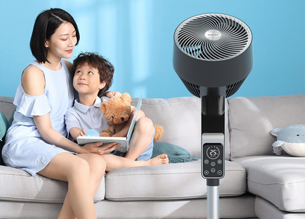 PHILIPS DC立式循環扇透過3D空氣動力學原理,形成強勁的風量攪動室內空氣、產生對流