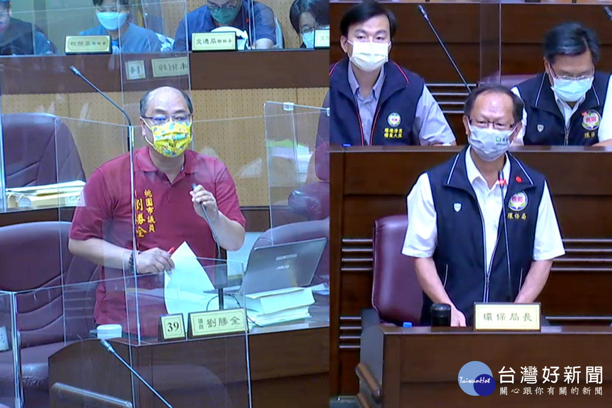 針對美福倉儲大火事件,桃園市議員劉勝全於議事堂上進行質詢。