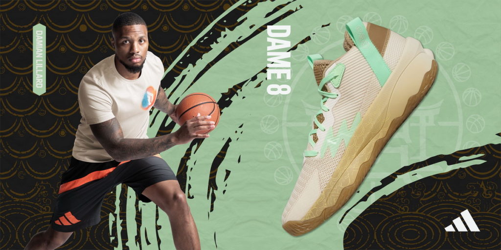 adidas 唐朝系列 Dame 8 以褐色為主色調,採用左右腳不同配色的鴛鴦設計,呼應王昌齡《從軍行》的將士誓言。
