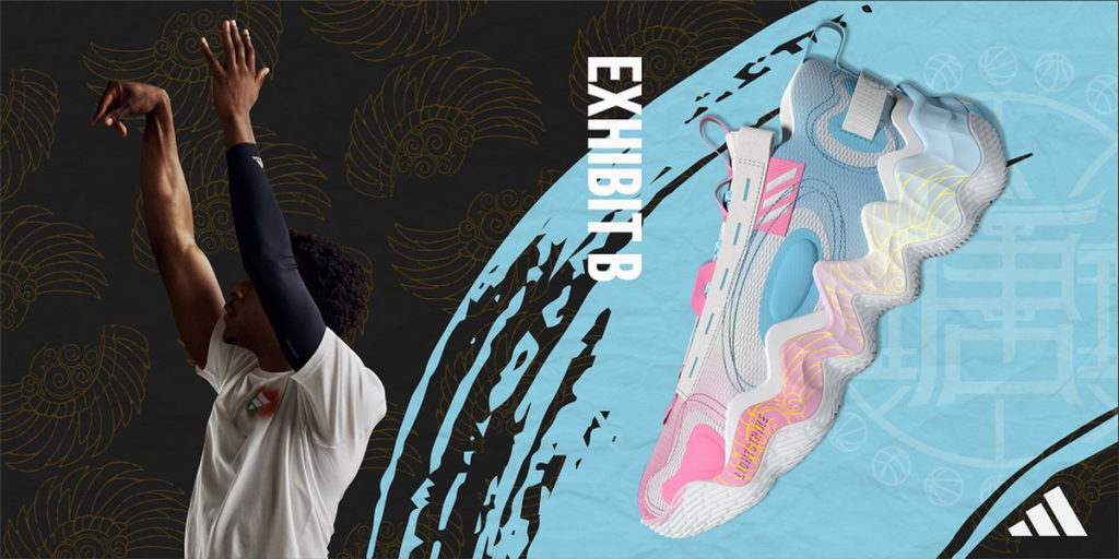 adidas Exhibit B 整體以活潑鮮明的粉藍、粉紅為主,並用霓虹漸變的方式呈現;鞋側覆蓋與眾不同的「鳳羽」和「翔雲」圖樣,象徵展翅高飛的大鵬