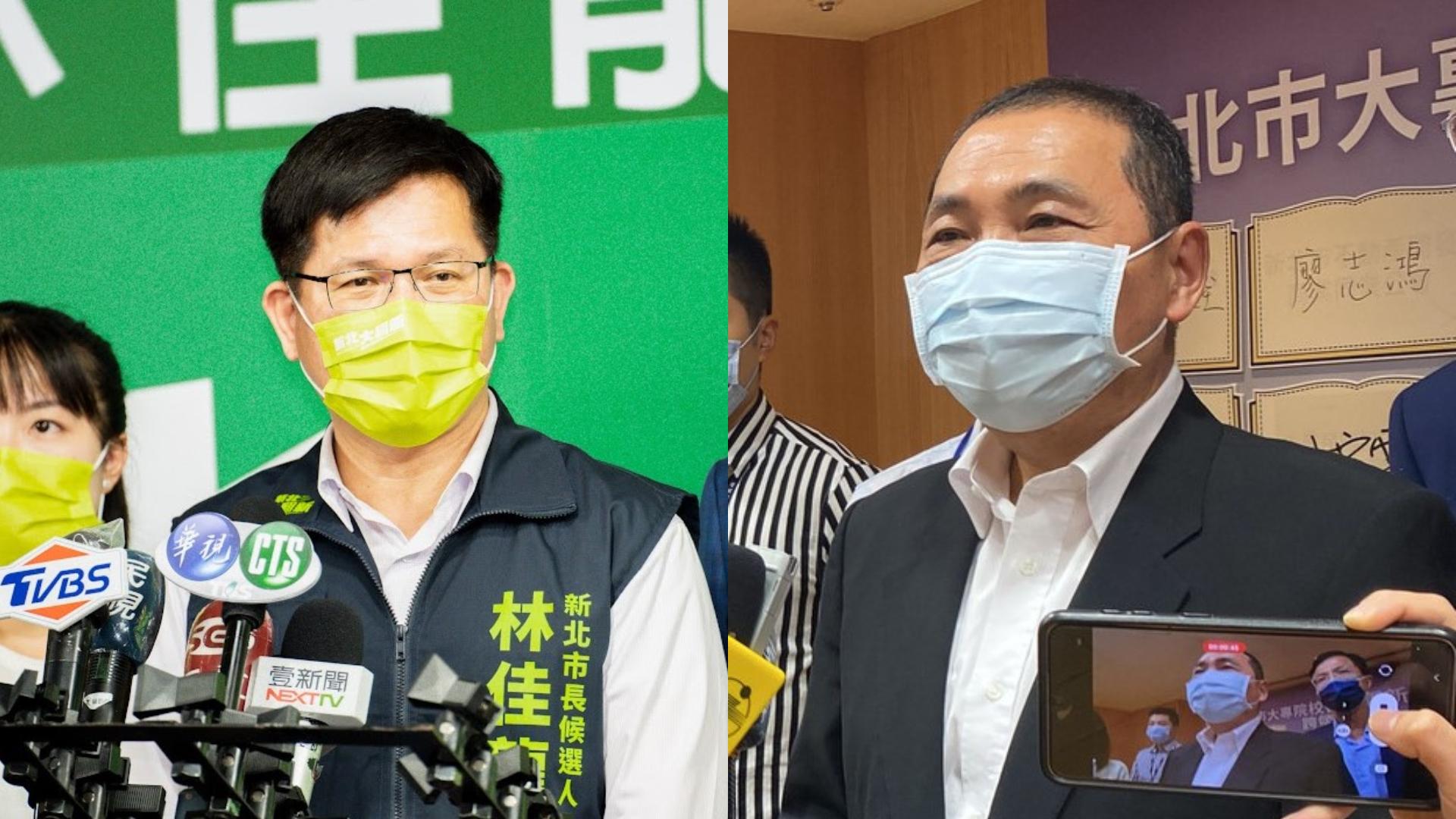 「恩恩」案國賠被認定不成立，林佳龍（左）表示，若當選新北市長將重啟行政調查，侯友宜（右）表示尊重國賠審議委員決定。翻攝中央社