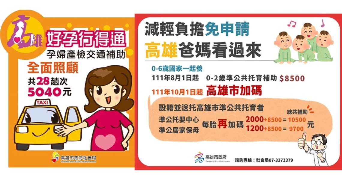 高市府宣布準公托育補助加碼   孕婦產檢交通補助擴大對象