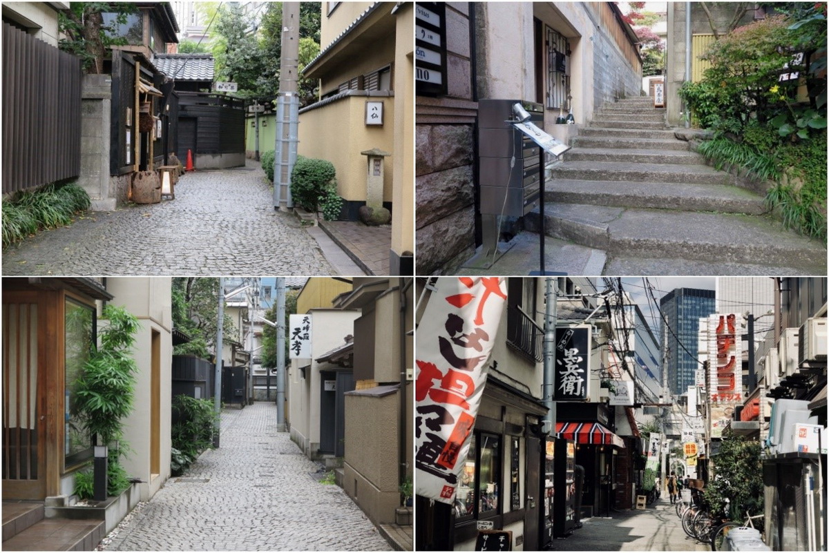 左上：兵庫橫丁、左下：捉迷藏橫丁、右上：藝妓小路、右下：神樂小路