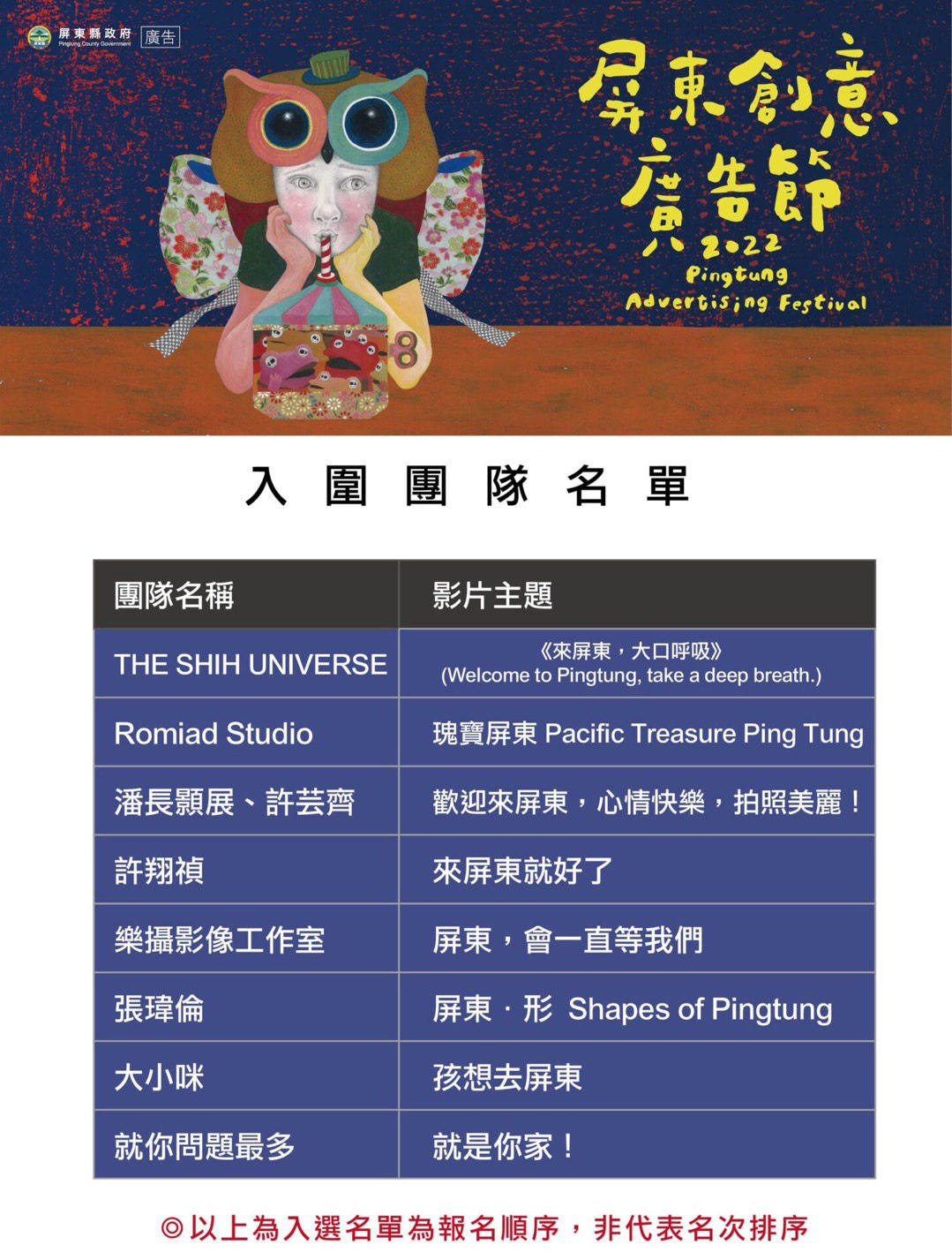 ▲屏東創意廣告節入圍名單。(圖/屏東縣政府提供)