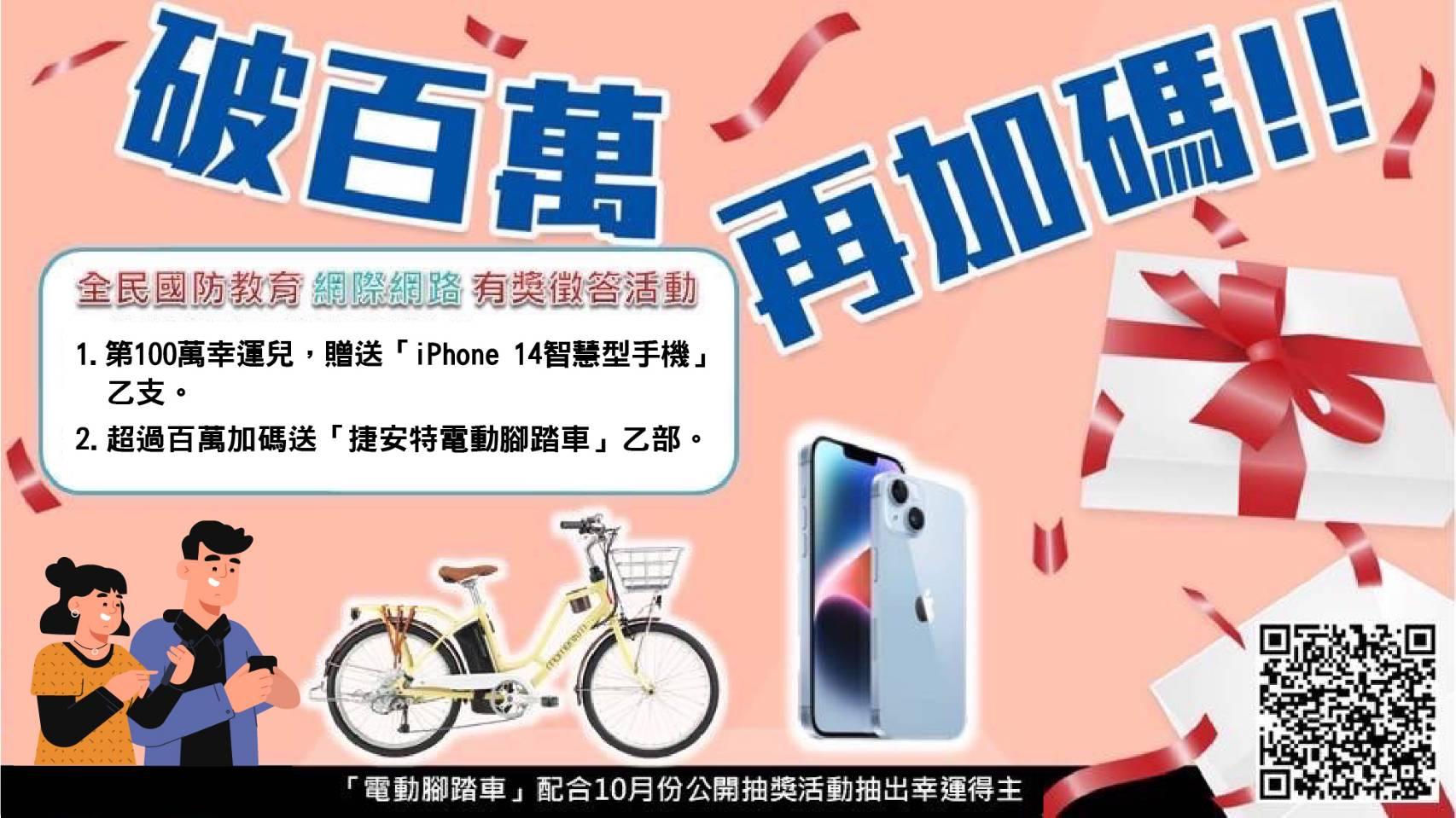 全民國防教育網路有獎徵答推出「破百萬、再加碼」活動,希望國人進一步瞭解全民國防重要性。國防部提供