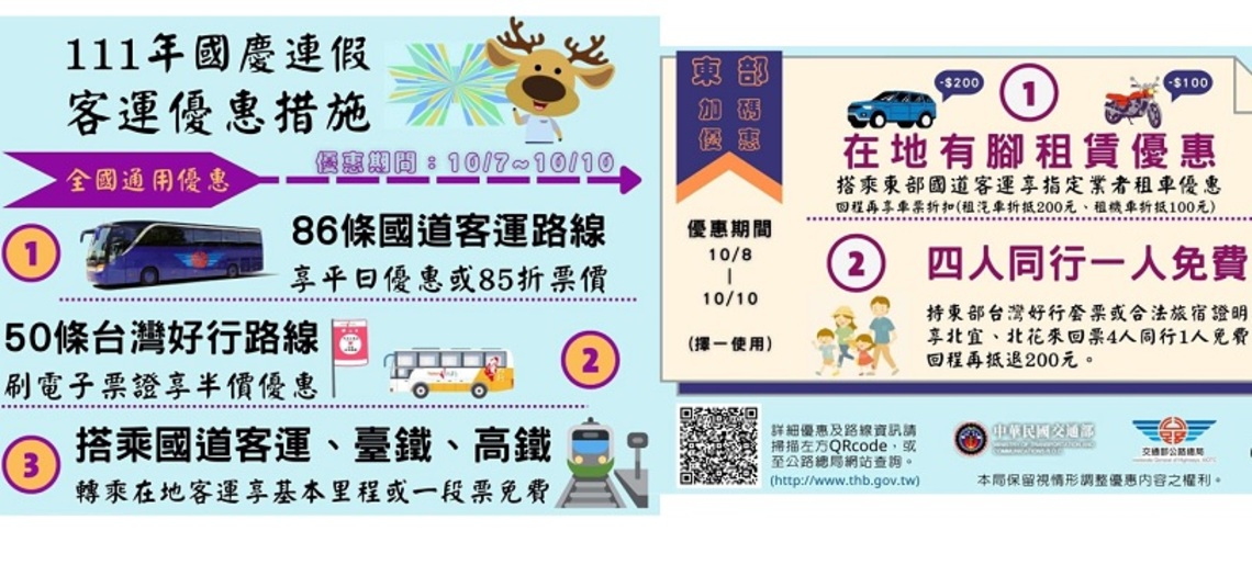 國慶連假客運優惠措施 優惠期間10/7-10