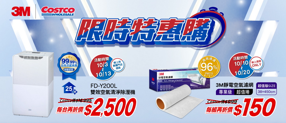 全方位空氣濾淨專家3M攜手Costco好市多推出獨家雙搶爆品年度折價優惠，3M專業級靜電空氣濾網超值版103-1013護照折價$150；3M雙效空氣清淨除濕機FD-Y200L 1010-1020護照折價$2,500！
