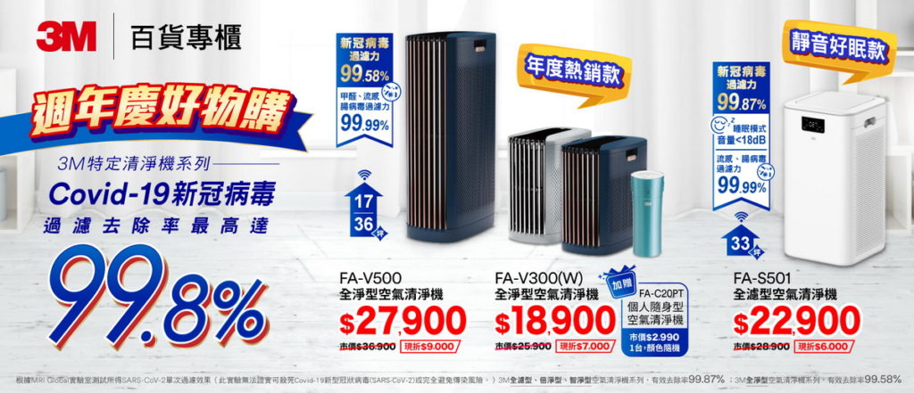 迎接一年一度的百貨周年慶檔期(915-1220),全方位空氣濾淨專家3M祭出10大空氣濾淨優惠。