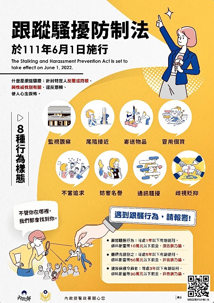 圖片說明:臺北市保大員警宣導民眾認知八大類跟騷行為,包括:監視觀察、尾隨接近、寄送物品、冒用個資、不當追求、妨害名譽、通訊騷擾、歧視貶抑。(記者宋紹誠翻攝)