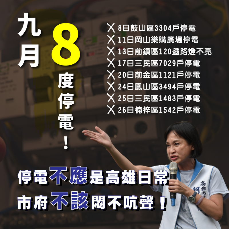 漾新聞|高雄頻繁停電9月至少8次 柯志恩強調高雄人不是次等公民 籲市府拿出辦法